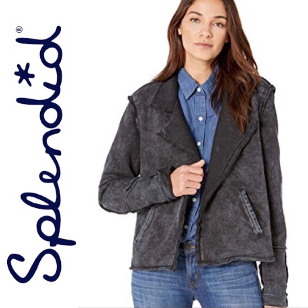 NWT $148~SPLENDID~Black Mineral Wash ‘TERRY’ Moto Jacket~Size M/L